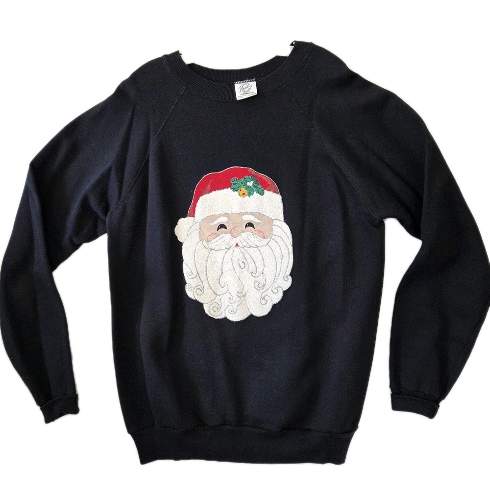 Vintage Christmas Sweatshirt 2XL Black Fleece Crewneck Santa Glitter Holiday‎